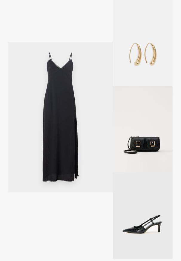 Čierne šaty na ramienka s tenkými ramienkami, výstrihom do V, bočnými rozparkom a dekoračným lemovaním okolo výstrihu a spodného lemu. Vyrobené z ľahkého materiálu.; Čierne patentové slingback topánky na ihlovom podpätku s špicatou špičkou, s textúrovaným hadím vzorom, nastaviteľným popruhom a krátkym, textúrovaným blokovým podpätkom.; Čierna kožená crossbody taška s dvoma prednými vreckami, zlatými sponami, zipsovým uzatváraním a úzkym popruhom. Štruktúrovaný povrch a kompaktný obdĺžnikový tvar.; Náušnice vo forme zlatých kovových kruhov s zakriveným, predĺženým tvarom. Majú hladký, lesklý povrch a zaoblený koniec pre pridanie detailu.