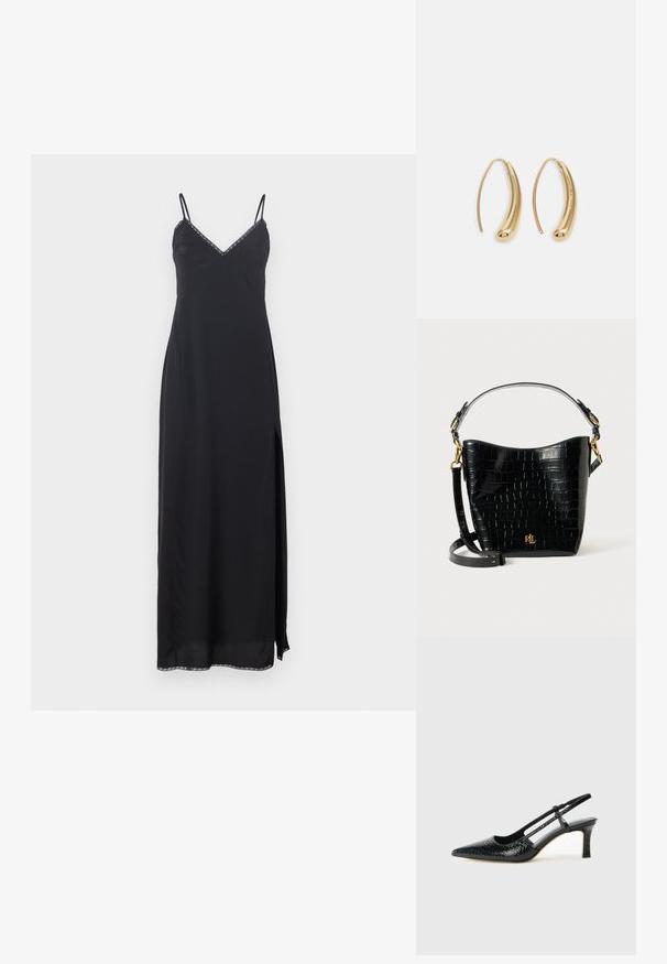 Černé šaty bez rukávů s tenkými ramínky, V- výstřihem, bočním rozparkem a dekorativním lemem podél výstřihu a spodního okraje. Vyrobeno z lehkého materiálu.; Černé lakované slingback podpatky s špičatou špičkou, zdobené texturovaným hadím vzorem, nastavovacím páskem a krátkým texturovaným blokovým podpatkem.; Černá kožená taška s krokodýlím vzorem, zakřiveného tvaru, se zlatými kovovými akcenty, nastavitelným popruhem a logem na přední straně.; Náušnice ve tvaru kruhu z pozlaceného kovu s vroubkovaným, prodlouženým tvarem. Mají hladký, lesklý povrch a zaoblený konec pro zvýraznění detailu.