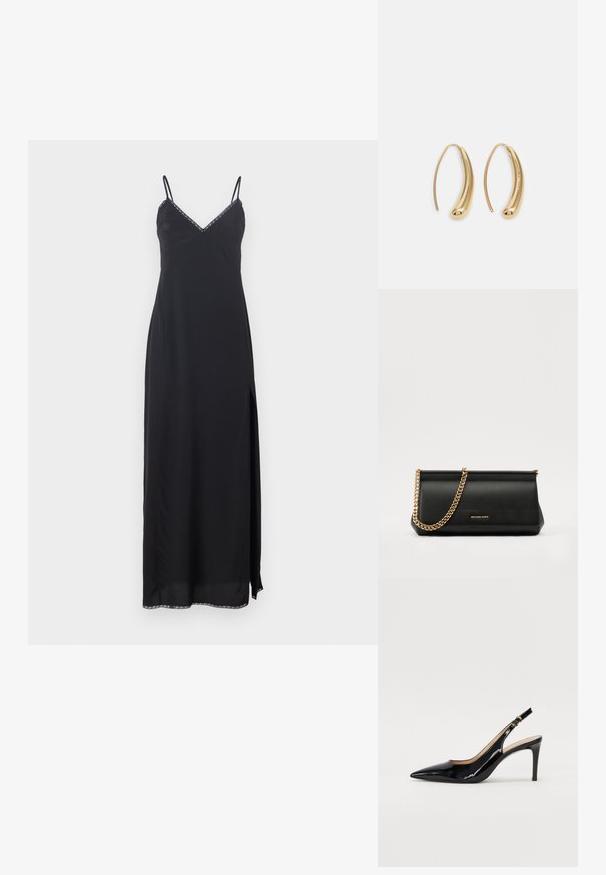 Fekete, vékony pántos, V kivágású, oldalsó hasítékkal rendelkező, dekoratív díszítésű slip ruha, mely a nyakrész és az alj szélein található. Könnyű anyagból készült.; Fekete lakk bőr kötött magassarkú cipő, hegyes orral és karcsú sarokkal, finom kivágásos dizájnnal. Az övön arany csatt található.; Fekete bőr kisméretű táska arany lánccal, sima felülettel, téglalap alakú, és dombornyomott márkázással az elején.; Aranyszínű fémből készült karika fülbevalók ívelt, hosszúkás formával. Simaságával és fényes felületével, valamint lekerekített végével további részletekkel bővül.