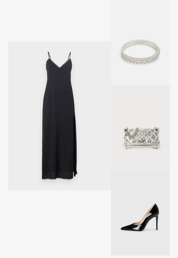 Black slip dress with thin straps, V-neckline, side slit, and decorative trim along the neckline and hem. Made from a lightweight material.; Black patent leather high-heeled pump with a pointed toe design and a sleek silhouette. Features a smooth, shiny finish and a slender stiletto heel.; Silver metallic handbag with chain handle, quilted texture, decorative stitching, and a zip closure. Features embossed accents on the front.; Silver bangle featuring a row of round, clear crystals with a textured pattern, smooth inner surface, and a clasp closure.