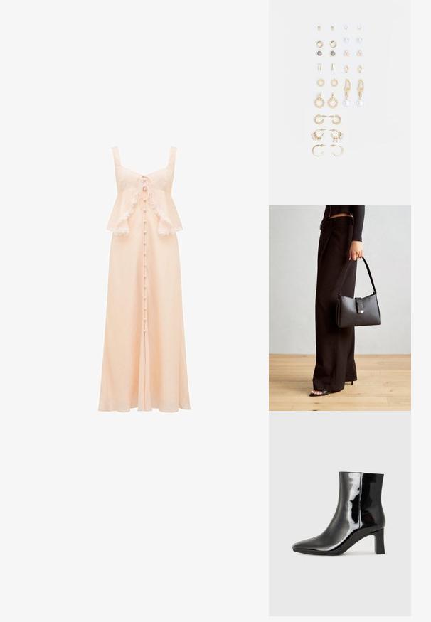 Forever New LILIAN TRIM OVERLAY MIDI - Rochie cocktail/Rochie petrecere - pale pink; Botine negre din piele lacuită, cu vârful ascuțit și toc bloc de înălțime medie. Textură netedă și design minimalist.; Genți negre cu o formă structurată, textură netedă și un închizător metalic. Asortată cu pantaloni negri largi și sandale cu vârf deschis pe un podea din lemn.; Set de cercei aurii, cu diverse designuri, inclusiv cercei tip stud, cercei hoop și cercei lungi cu perle și strassuri.