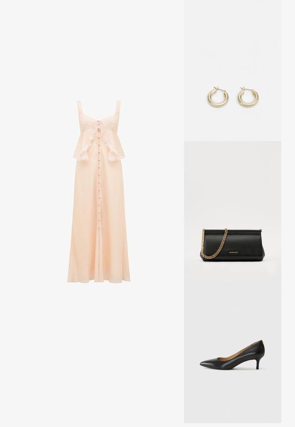 Forever New LILIAN TRIM OVERLAY MIDI - Koktailové šaty/večierkové šaty - pale pink; Čierny kožený podpatek s špicatou špičkou, nízkym opätkom a hladkým povrchom. Obsahuje mierne otvorenie vpredu a minimálne kovové detaily na zadnej strane.; Čierna kožená kabelka s retiazkou zo zlata, so hladkou textúrou, obdĺžnikovým tvarom a embosovaným logom na prednej strane.; Lauren Ralph Lauren BASIC SMALL HOOP - Náušnice - gold-coloured