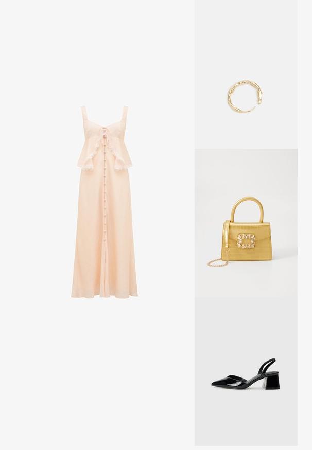 Forever New LILIAN różowy; Czarne lakierowane półbuty na obcasie z wydłużonym noskiem i geometrycznym słupkiem. Charakteryzują się eleganckim, minimalistycznym designem oraz gładką fakturą.; Żółta torebka z faux-krokodylka o wyrafinowanej konstrukcji, z górnym uchwytem, odpinanym łańcuszkiem oraz dekoracyjnym kryształowym zdobieniem na zapięciu.; Pierścionek w odcieniu złota z organicznym, skręconym wzorem, o gładkiej fakturze i zwężających się końcach, tworzący nowoczesny, rzeźbiarski wygląd.