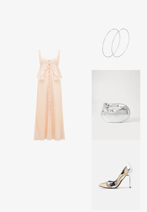 Forever New LILIAN TRIM OVERLAY MIDI - Koktel haljina / svečana haljina - pale pink; Cipele s visokom potpeticom i špicastim vrhom u srebrnoj, zlatnoj i nude boji. Sjajan finiš s izrezbarenim dizajnom, s potpeticom u obliku stiletto.; Srebrna metalik torbica s mekim, zaobljenim oblikom i čvorastim zatvaranjem na vrhu. Izrađena od glatke sintetičke kože.; Srebrne okrugle naušnice s minimalističkim dizajnom. Kružni oblik, glatka tekstura i tanak profil. Lagane s poliranim završetkom.