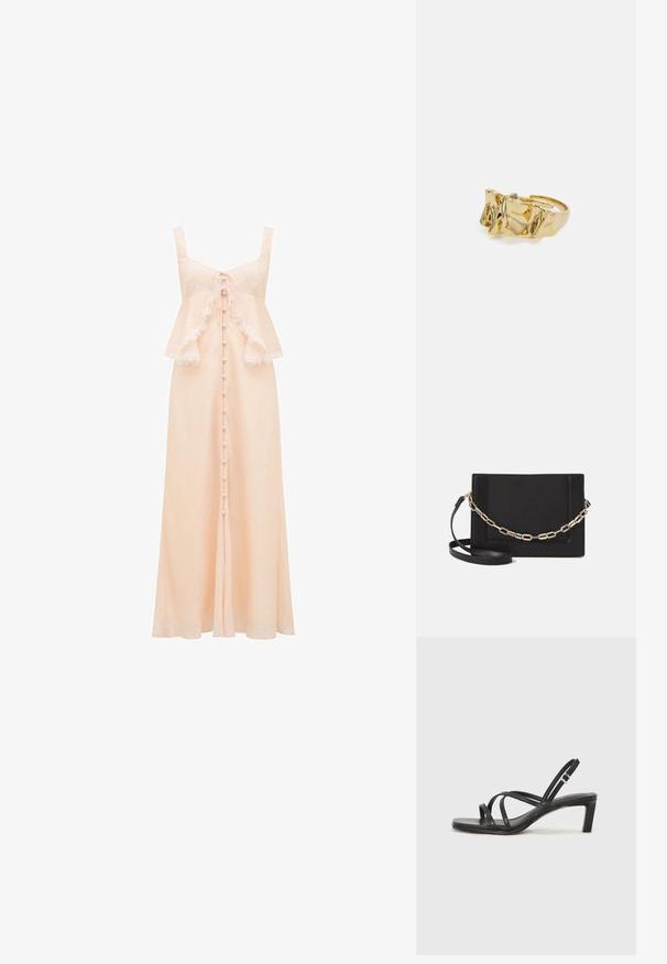 Forever New LILIAN TRIM OVERLAY MIDI - Cocktailkleid/festliches Kleid - pale pink; Schwarze Sandale mit Riemchen, quadratischer Zehenform und niedrigem Blockabsatz. Verfügt über mehrere dünne Riemen und einen verstellbaren Knöchelriemen. Hergestellt aus glattem Leder.; Schwarze Leder-Crossbody-Tasche mit glatter Textur, rechteckiger Form und metallic-kettendetail auf der Vorderseite. Verstellbarer Gurt inklusive.; Goldring mit strukturiertem, wellenförmigem Design, das drei markante Spitzen aufweist. Glatte, glänzende Oberfläche mit einem offenen Band für einen verstellbaren Sitz.