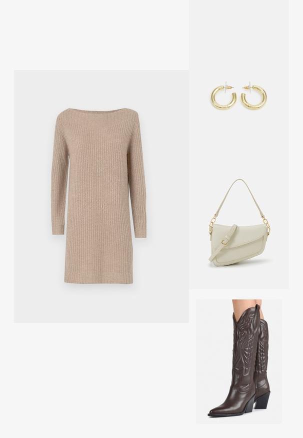Rochie tricotată bej, cu decolteu off-the-shoulder, mâneci lungi, textură ribbed și o croială lejeră.; Bocanci de cowboy din piele maro, cu vârf ascuțit și toc pătrat, având cusături detaliate și accente ridicate pe tijă.; Geantă mică de crem cu un finisaj texturat, curea lungă și ajustabilă, accent cu lanț și închidere cu clapetă. Detalii din hardware aurie.; Cercei cercuri din aur cu un finisaj neted și strălucitor. Design circular cu un mic suport și un spate transparent pentru o purtare sigură.