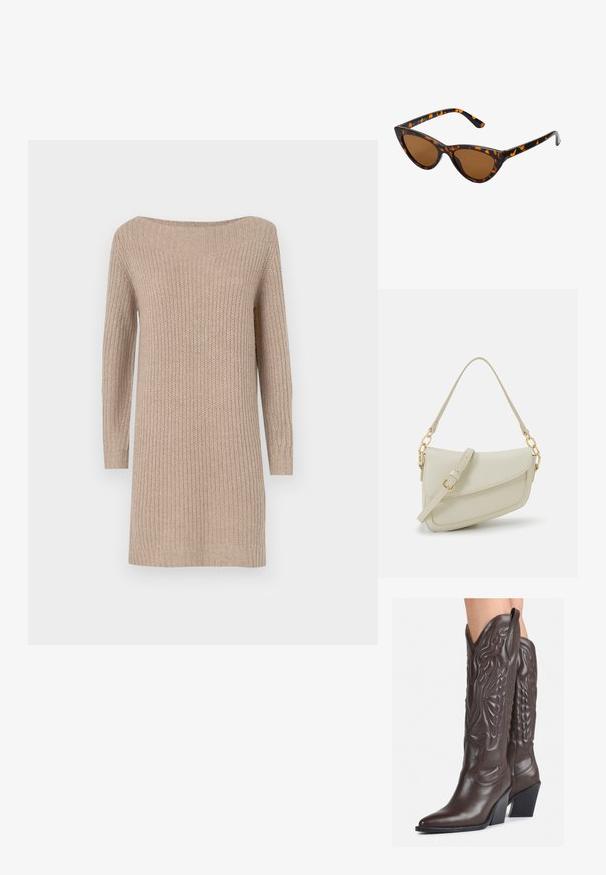 Beige megztinis-suknelė su nusmukusiais pečiais, ilgomis rankovėmis, tekstūra su gūbriu ir laisvu siluetu.; Rudos odinės kaubojaus batai su smailiu priekiu ir blokuotu kulnu, pasižymintys detaliu siuvinėjimu ir iškiliais akcentais ant ašies.; Katės akies saulės akiniai su juodu ir oranžiniu šarvuotu rėmeliu, ruda objektyvu ir elegantiškais, smailiais galiukais. Rėmelyje yra minimalus logotipas ant šventės.; Mažas kreminis rankinukas su tekstūruotu paviršiumi, ilga reguliuojama juostele, grandinėle ir užsegimu su atvartu. Aukso detalės.