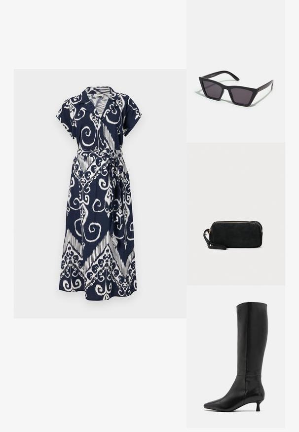 Navyblaues Kleid mit weißen, wirbelnden Mustern, kurzen Ärmeln, einem geknautschten Kragen und einer gebundenen Taille. Leichter Stoff mit fließendem Design.; Zign Stiefel - black; Schwarze, eckige Sonnenbrille mit grauen Gläsern; aus Kunststoff gefertigt, mit dicken Bügeln, die eine glatte Oberfläche und keine sichtbaren Beschläge haben.; Schwarze Wildleder-Clutch mit einem Reißverschluss und abnehmbarem Handgelenkband. Verfügt über goldfarbene Hardware und eine glatte, matte Oberfläche.