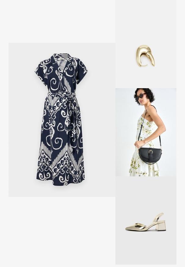 Tumed sinine kleit valgete keeristega, lühikeste varrukatega, kraega ja seotud vööga. Kerge kangas voolava disainiga.; Kuldne, metallilised slingback-kudumid terava varba ja paksu kontsaga. Sile tekstuur, minimalistlik disain ja kitsas rihm.; Mustmust mustraha kõverate joontega, eemaldatava rihmaga ja kuldsete detailidega. Kotil on klapp, millel on pandladetail.; Kuldtooni metallist kõrvarõngas, millel on elegantne ja kaarjas disain. Omab silmapaistvat teravat kuju, poleeritud pinda ja hingesulgemist.