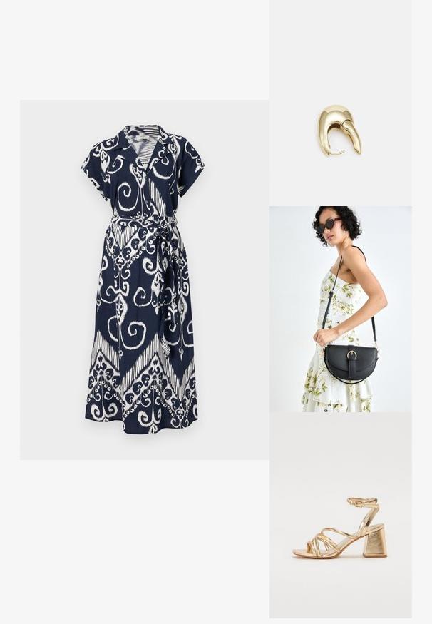 Tamsiai mėlynas suknelė su baltais sukasi raštais, trumpomis rankovėmis, apykakle ir surišta juosimi. Lengva medžiaga su plaukioti dizainu.; Auksinės metalinės kulniuko šlepetės su juostelėmis, kvadratiniu blokiniu kulnu ir reguliuojamu kulkšnies dirželiu su sagtimi. Lygi tekstūra.; Juodas odinis krepšys su išlenkta forma, nuimamu dirželiu ir auksiniais detalėmis. Krepšys turi kilpą su sagtimi.; Aukso tono metalinės auskarai su stilingu, kreiviu dizainu. Išsiskiria ryškiu smailiu pavidalu, poliruota paviršiumi ir užsegimu su vyriu.