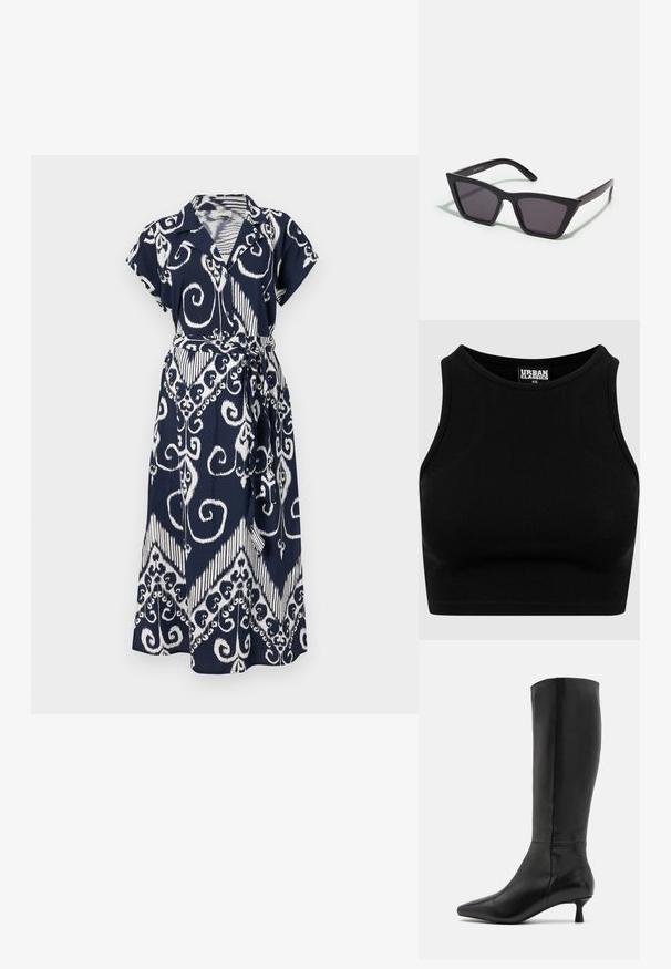 Tummansininen mekko, jossa on valkoisia kiehtovia kuvioita, lyhyet hihat, kauluskotka ja sidottu vyötärö. Kevyt kangas, jossa on virtaava muotoilu.; Mustan ribbattuidun lyhyen toppi, jossa on pyöreä kaula-aukko ja hihaton muotoilu. Valmistettu joustavasta, teksturoidusta kankaasta. Tunnuksessa lukee "Urban Classics."; Zign Saappaat - black; Mustat, kulmikkaat aurinkolasit harmailla linsseillä; valmistettu muovista, paksuilla varsilla, joissa on sileä pinta ja ilman näkyvää metalliosaa.