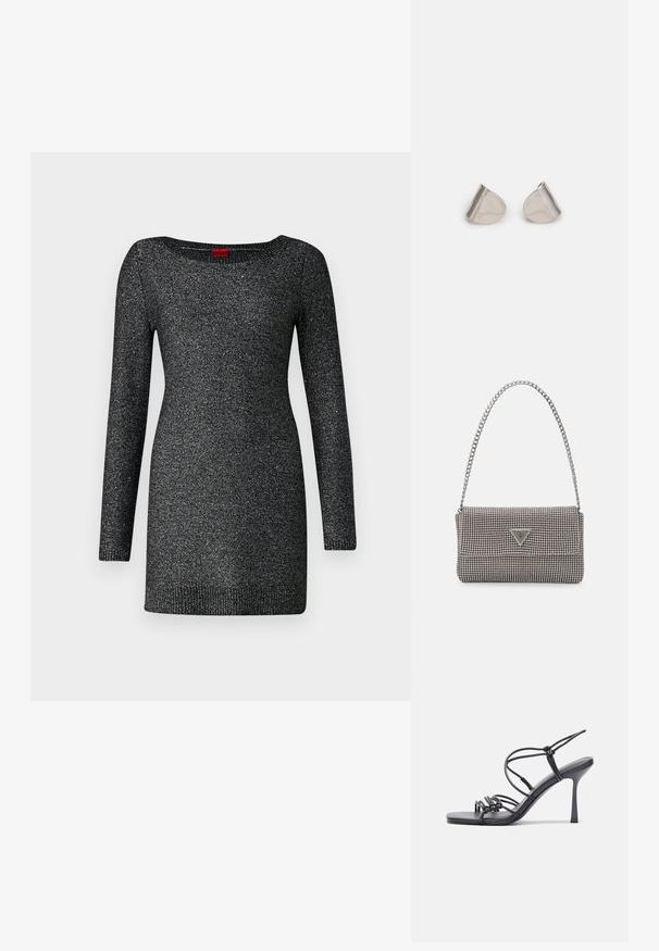 Juodas mezginys su ilgomis rankovėmis, apvaliu iškirpimu ir subtiliu blizgančiu tekstūru. Savybės: raštuota apačia ir rankogaliai.; Juodos aukštakulnės sandalai pasižymi plonyčiais dirželiais su mazgo dizainu, lygiu kvadratiniu pirštu ir elegantišku stiletto kulnu.; Šviesiai pilka metalinė rankinė su grandinėlės dirželiu, papuošta mažais apvaliais metaliniais smeigėmis ir trikampiu prekės ženklu.; Sidabriniai metaliniai auskarai su lygiu, ašaros formos dizainu ir blizgiu paviršiumi. Subtilūs raižiniai prideda detalumo. Minimalistinis dizainas.