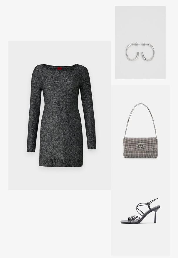 Črna pletena obleka s dolgimi rokavi, okroglo izrezo in subtilno sijočo teksturo. Ima rebrast rob in manšete.; Črne visoke sandale na peto imajo tanke naramnice z vozlom, gladek kvadratni toe in eleganten stiletto peto.; Svetlo siva kovinska torbica z verižnim ročajem, okrašena z majhnimi okroglimi kovinskimi bleščicami in trikotnim logotipom blagovne znamke.; Srebrne obročaste uhane z gladko, sijočo površino. Zaobljena oblika, lahka zasnova, z zapiranjem na zatič.