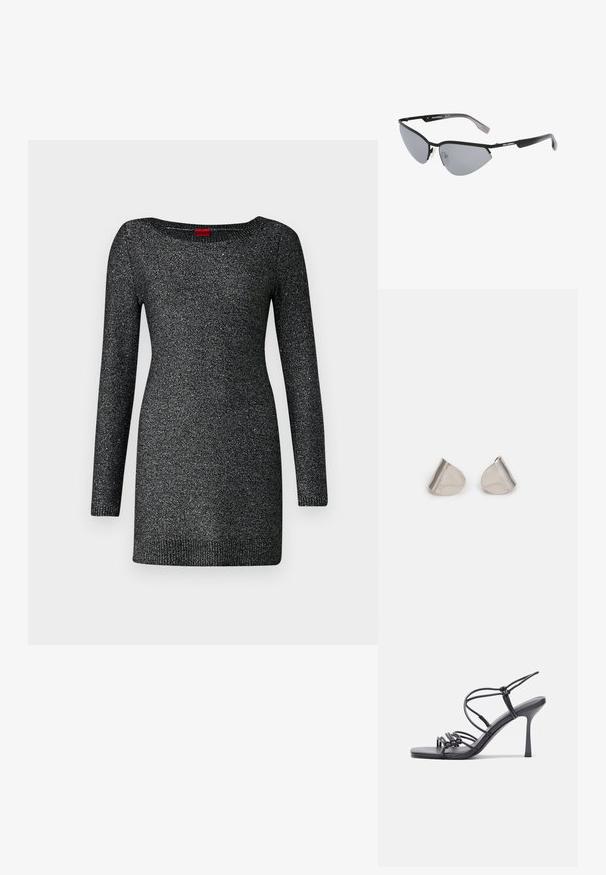 Melnās adītas svārku kleitas ar garām piedurknēm, apaļu kakla izgriezumu un smalku mirdzošu tekstūru. Iezīmējas ar ribotām apakšmalām un piedurknēm.; Melnas augstpapēžu sandales ar plāniem siksniņām un mezgla dizainu, gluda kvadrātveida purngalu un elegantu stiletto papēdi.; Melni saulesbrilles ar leņķisku, kaķa acs dizainu. Sudrabaini spoguļojoši objektīvi. Plāni, viegli plastmasas rāmji ar diskrētu zīmola marķējumu uz tempļiem.; Sudraba metāla auskari ar gludu, asarveida formu un pulētu apdari. Smalkas gravējumi pievieno detalizāciju. Minimālisma dizains.