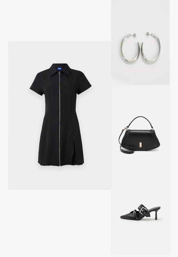 Abito nero con maniche corte, zip frontale, colletto e spacco laterale. Realizzato in tessuto morbido, presenta un logo discreto sul petto.; Mule nere con tacco alto e punta affilata, realizzate in pelle liscia. Presentano una larga cinghia alla caviglia con una fibbia quadrata argentata e borchie.; Borsa a mano in pelle nera con un design strutturato, caratterizzata da una forma corta, manico superiore e accessori in metallo dorato. Inclusa tracolla regolabile.; Orecchini a cerchio argentati con un design liscio e curvo. Presentano una finitura metallica lucida e una chiusura a perno. Nessun motivo o accentuazione visibile.