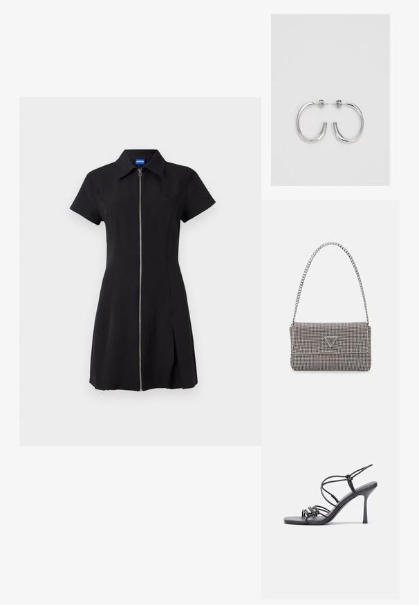 Fekete ruha rövid ujjal, elülső cipzárral, gallérral és oldalsó hasítékkal. Simítású anyagból készült, finom logóval a mellrészen.; Fekete magas sarkú szandálok vékony pántokkal, csomózott mintával, sima négyzetes orral és karcsú stiletto sarkal rendelkeznek.; Világosszürke fémes kézitáska lánc pánttal, kis kör alakú fém kifinomult díszítéssel és háromszög alakú márkagéppel.; Ezüst karika fülbevalók sima, fényes felülettel. Lekerekített forma, könnyű kialakítással, tűs zárómechanizmussal.
