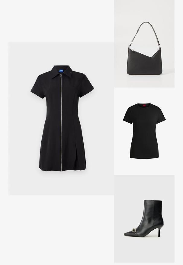 Vestido preto com mangas curtas, fecho éclair à frente, colarinho e fenda lateral. Feito de tecido suave, apresentando um logótipo subtil no peito.; T-shirt de algodão preto com mangas curtas enroladas, decote redondo e um rótulo vermelho. Textura suave, forma ajustada com detalhes mínimos.; Bota preta de couro até ao tornozelo com bico apontado, salto slim de altura média e detalhe em fivela prateada de lado, contra um fundo simples.; Bolsa de couro preta com formato triangular, alça fina e detalhes em metal prateado. Apresenta um fecho com zíper e logótipo em relevo na parte frontal.