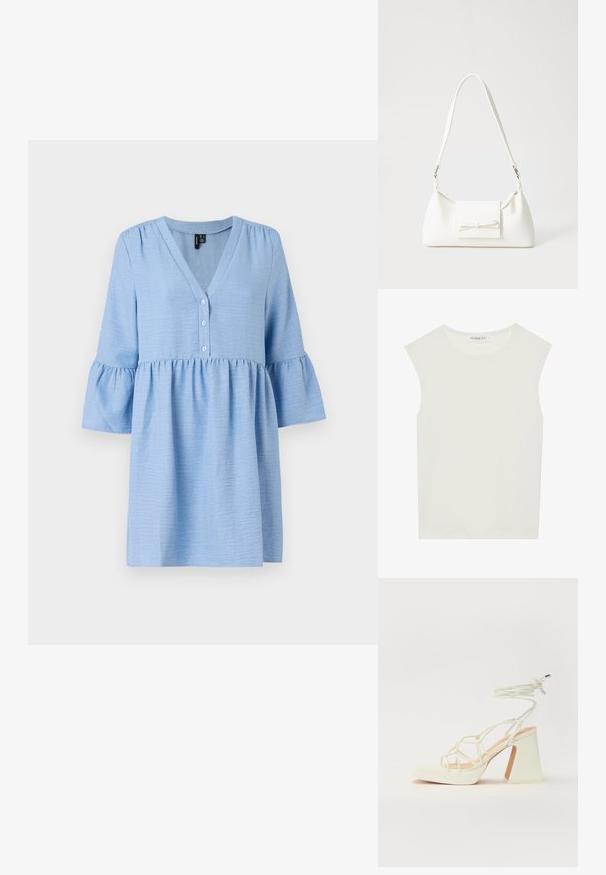 Lyseblå tunika med V-hals, tre knapper og utsvingte trekvart-ermer. Strukturerte stoff med detalj av gathered midje.; Hvit ermeløs topp med rund hals. Laget av glatt stoff, har den en avslappet passform og minimalistisk design. Ingen mønstre eller detaljer.; Hvit høyhælte sandal med kraftig hæl, med en stroppe-design og ankelbånd. Glatt tekstur med plattform foran for ekstra høyde.; Hvit syntetisk håndveske med trekantet form, flat klaff foran og sløyfe detaljer, justerbar stropp, glatt tekstur og minimalistisk design.