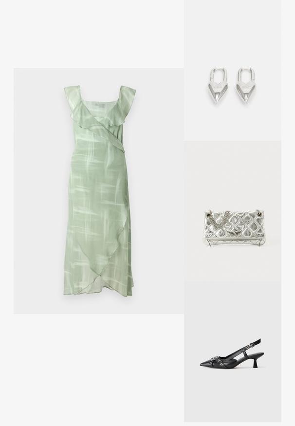 Grünes Kleid aus leichtem Stoff, mit quadratischem Ausschnitt, Rüschenträgern und asymmetrischem Saum, der ein dezentes abstraktes Muster aufweist.; Schwarzer Leder-Slingback-Schuh mit spitz zulaufender Zehenpartie, dekorativen Riemen mit METALLÖSEN und niedrigem Blockabsatz. Strukturelle Oberfläche.; Silberne metallische Handtasche mit Kettenhenkel, gestepptem Muster, dekorativer Naht und Reißverschluss. Verfügt über geprägte Akzente auf der Vorderseite.; Silberne herzförmige Vorhängeschlösser mit eingravierten "JA"- und "NEIN"-Texten, polierte Oberfläche, symmetrisches Design und einem robusten Metallverschluss.