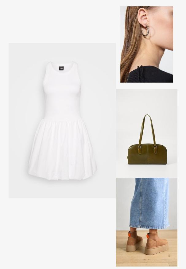 Bela brezrokavna obleka s prilegajočim korpusom in razširjenim krilom. Narejena iz gladkega blaga, ki ima rebrasto teksturo in zboran pas.; Rjave suede platform čizme z elastičnimi stranskimi paneli in oranžnimi zankami, v kombinaciji s svetlobno denim krilom do kolen na lesenem tleh.; Olive zelena usnjena torba v zaokroženi obliki, z dvojnimi ročaji in brezšivnim sprednjim delom. Ima gladko teksturo in subtilne šive.; Srebrna obročasta uhana s polirano površino, ki vključuje majhne zlate poudarke in okroglo obliko, nošena na ušesnem lobu.