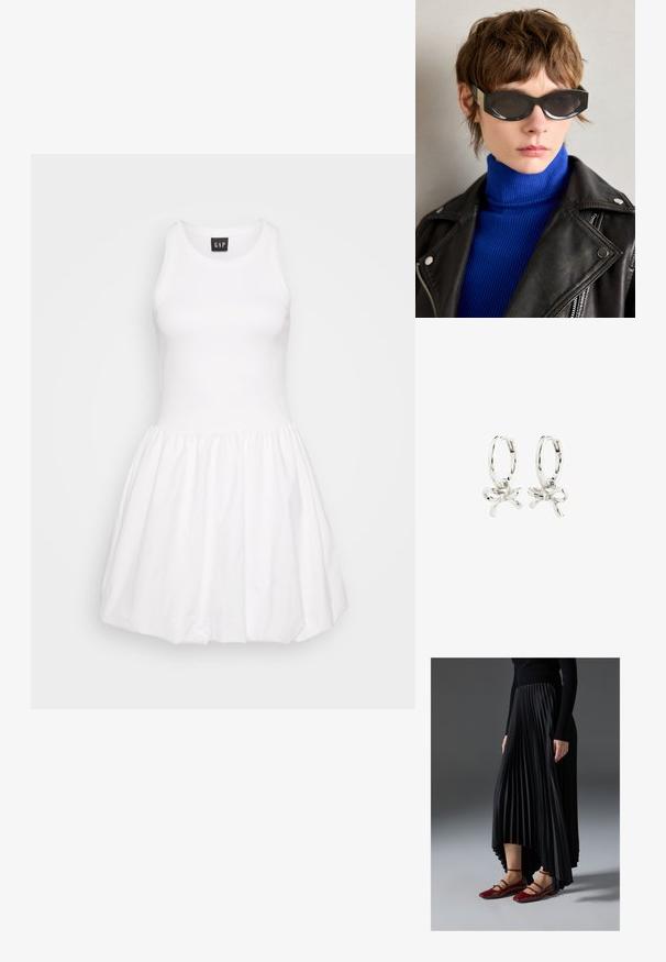 Bílý bezramínkový šaty s přiléhavým korzetem a rozšířenou sukní. Vyrobeno z hladké látky, s žebrovanou strukturou a nařaseným pasem.; Černá plisovaná sukně s vysokým předním a nízkým zadním lemem, kombinovaná s lesklými červenými balerínami se strapkovým designem. Tkanina má hladký povrch.; Černé sluneční brýle s zaoblenými hranami a tónovanými skly. Obsahují zlaté akcenty na rámech. Noseny s modrým žebrovaným rolákem a koženou bundou.; Stříbrné kruhové náušnice s designem mašle, s hladkým povrchem a lesklou texturou. Kompaktní, minimalistický styl vhodný pro různé příležitosti.
