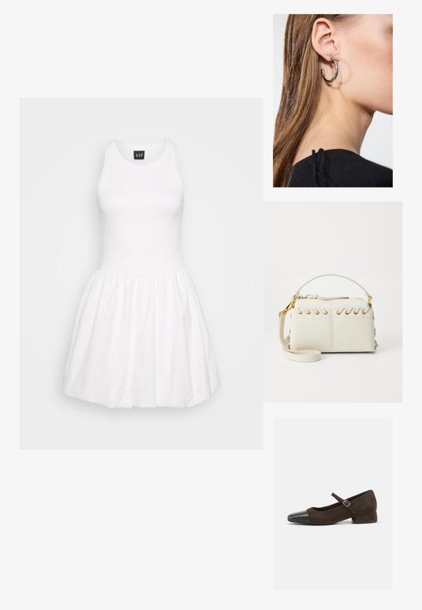Rochie albă fără mâneci, cu un corset ajustat și fustă evazată. Fabricată dintr-un material neted, cu o textură canelată și talie strânsă.; Pantofii Mary Jane din suede maro cu vârf din piele patentă neagră, curea ajustabilă și tocul jos în formă de bloc. Textură netedă cu accente minime.; Geantă din piele vegană albă, cu fermoar superior, mână scurtă și un bretele removabilă pentru umăr, cu accesorii aurii. Detaliu cu șnur lateral.; Cercel din argint cu un finisaj polișat, având detalii mici din aur și o formă rotundă, purtat pe lobul urechii.