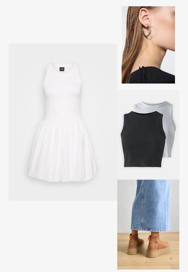 Bela brezrokavna obleka s prilegajočim korpusom in razširjenim krilom. Narejena iz gladkega blaga, ki ima rebrasto teksturo in zboran pas.; Even&Odd Petite 2 PACK - Top - light grey/black; Rjave suede platform čizme z elastičnimi stranskimi paneli in oranžnimi zankami, v kombinaciji s svetlobno denim krilom do kolen na lesenem tleh.; Srebrna obročasta uhana s polirano površino, ki vključuje majhne zlate poudarke in okroglo obliko, nošena na ušesnem lobu.