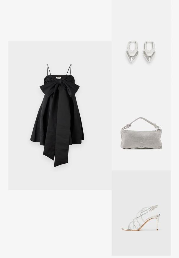 AMUR ROSE BABY DOLL DRESS - Cocktailkjole / festkjole - black; Metalisk sølv højhælet sandal med krydsseler, transparente detaljer og et slankt spidst tådesign. Justerbar ankelspænde.; Metallisk net skuldertaske i sølv, med en knyttet håndtag, lynlås lukning og geometrisk kropsform med en glat tekstur.; Sølv hjerteformede hængelåse med indgraveret "JA" og "NEJ" tekst, poleret finish, symmetrisk design og en robust metalklap.