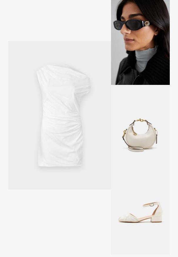 Egy vállra szabott, sima anyagból készült fehér ruha, oldalt csavart textúrával és testhezálló szabással.; Fehér csipkebetétes bokapántos cipő alacsony, vastag sarokkal és hegyes orrú dizájnnal. Simább belső bélés, texturált csipke felsőrész és csat részlet.; Fekete napszemüveg, sima, téglalap alakú kerettel, arany logóval az oldalon. Sötét lencsék és fényes felület jellemzi.; Krém bőr kézitáska hónalj formájú, arany hardware-rel, fekete kiegészítőkkel és levehető pánttal. Lánc részlet és címke jellemzi.