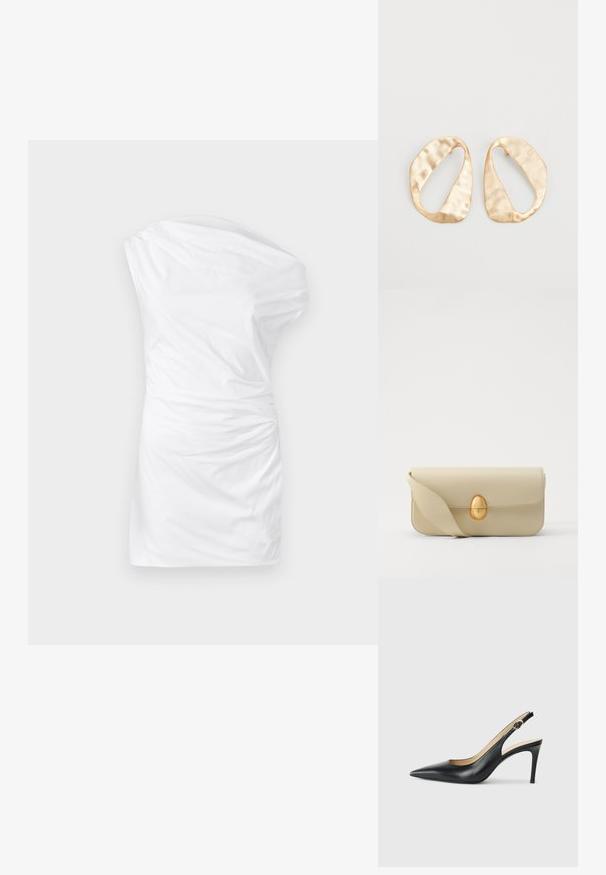 Balta vienplecu kleita, izgatavota no gludas auduma, ar pavedienu tekstūru sānos un pieguļošu siluetu.; Melnas ādas sandales ar augstiem papēžiem un norādītu degunu, regulējama josta un elegants stiletto papēdis, kas izceļas ar gludu apdari.; Beige krēma ādas somiņa ar gludu tekstūru, taisnstūra formu un zelta ovālu aizdari. Aprīkota ar garu, regulējamu siksnu.; Pāris neregulāras ovālas formas zelta toņos metāla auskaru ar teksturētu, nedaudz sitētu virsmu uz baltas fona.