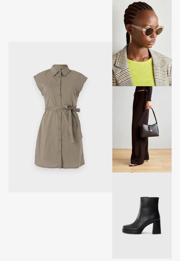 Vestido de linho caqui com mangas curtas, fecho frontal com botões e faixa na cintura. Apresenta um colarinho e uma silhueta descontraída, oferecendo uma textura suave.; Bota de couro preta até ao tornozelo com salto bloco e sola com plataforma, vista de lado sobre um fundo branco liso.; Óculos de sol estilo cat-eye claros com lentes castanhas e armação transparente. Modelo a usar uma blusa verde com nervuras e um blazer de tecido xadrez. Brincos em forma de argola dourados.; Bolsa preta com forma estruturada, textura suave e um fecho metálico. Combinada com calças largas pretas e sandálias de salto aberto sobre um chão de madeira.