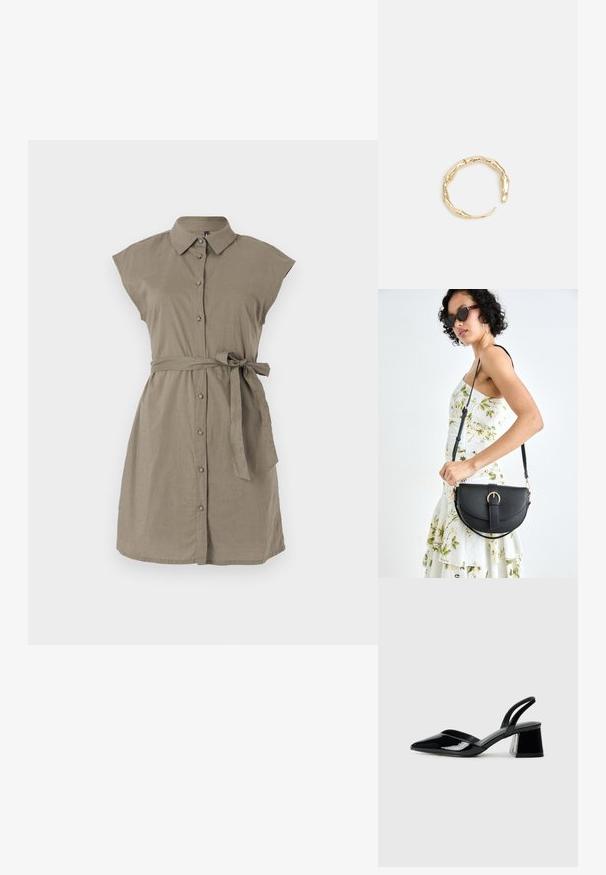 Khaki ľanové šaty s krátkymi rukávmi, zapínaním na gombíky a pásom v páse. Majú golier a voľný siluet, pričom ponúkajú jemnú textúru.; Čierne lakované kožené sandálové podpätky s špicatou špičkou a geometrickým blokovým podpätkom. Disponujú elegantným, minimalistickým dizajnom a hladkým povrchom.; Čierna kožená kabelka s zaobleným tvarom, odnímateľným popruhom a zlatými doplnkami. Kabelka má klopu s detailom s prackou.; Prsteň v zlatej farbe s organickým, skrúteným dizajnom, hladkým povrchom a zužujúcimi sa koncami, vytvárajúci moderný, sochársky vzhľad.