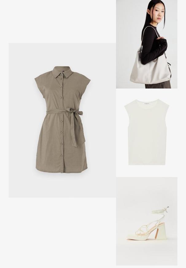 Vestido de linho caqui com mangas curtas, fecho frontal com botões e faixa na cintura. Apresenta um colarinho e uma silhueta descontraída, oferecendo uma textura suave.; Top branco sem mangas com decote redondo. Feito de um tecido liso, apresenta um corte descontraído e um design minimalista. Sem padrões ou detalhes.; Sandálias brancas de salto alto com um salto robusto, apresentando um design com tiras e amarração no tornozelo. Textura suave com uma plataforma na frente para altura adicional.; Uma bolsa bege feita de material macio, com um design descontraído, detalhes de costura e duas alças para o ombro. Adequada para uso diário.