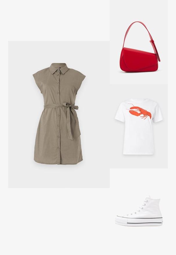 Khaki len ruha rövid ujjakkal, gombos elejét és derékmegkötőt tartalmaz. Kerek nyakkivágással és laza szabással rendelkezik, ami puha textúrát kínál.; Fehér pamut póló, amelyen elöl egy nagy, élénkpiros homár grafika látható. Rövid ujjú és standard környakú kialakítás.; Fehér magaskorsó vászon sportcipő fekete gumi talppal, elülső gumi orrnyereggel és hat fűzőlyukkal, letisztult, minimalista dizájnnal.; Piros bőr kézitáska szögletes, geometrikus kialakítással. Egy állítható pánttal és varrott részletekkel ellátott fedélzárral rendelkezik.