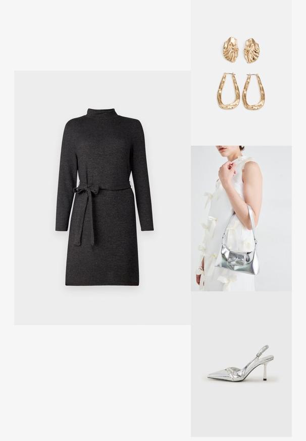 Vestido cinza de manga longa com decote alto e cinto removível na cintura, feito de um tecido macio e texturizado.; Sapato de salto alto slingback prateado com bico fino, acabamento metálico, duas correias decorativas e um salto esbelto com ponta preta.; Bolsa metálica prateada com uma forma estruturada, apresentando uma alça superior e um detalhe de laço na frente. Textura suave, acabamento reflexivo.; Brincos em tom de ouro com formas onduladas e texturizadas. Inclui studs escultóricos com presilha e um design de argola aberta com um acabamento martelado.