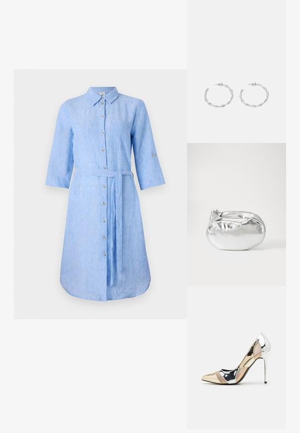 Svetlo modra lanena obleka s kragnim ovratnikom, gumbnim sprednjim delom, dolgimi rokavi in usklajenim pasom. Ima eno žep na prsih.; Čevlji z visoko peto in konico, v barvni kombinaciji srebrne, zlate in nude. Sijajna obdelava z izrezljanim dizajnom, z igličasto peto.; Srebrna kovinska torbica z mehko, zaobljeno obliko in zavezano zgornjo zaporo. Narejena iz gladkega umetnega usnja.; Srebrni uhani v obliki obročka s spiralnim dizajnom, ki imajo sijajno površino in zapiralo na zadnji strani. Mere znašajo približno 3 cm v premeru.