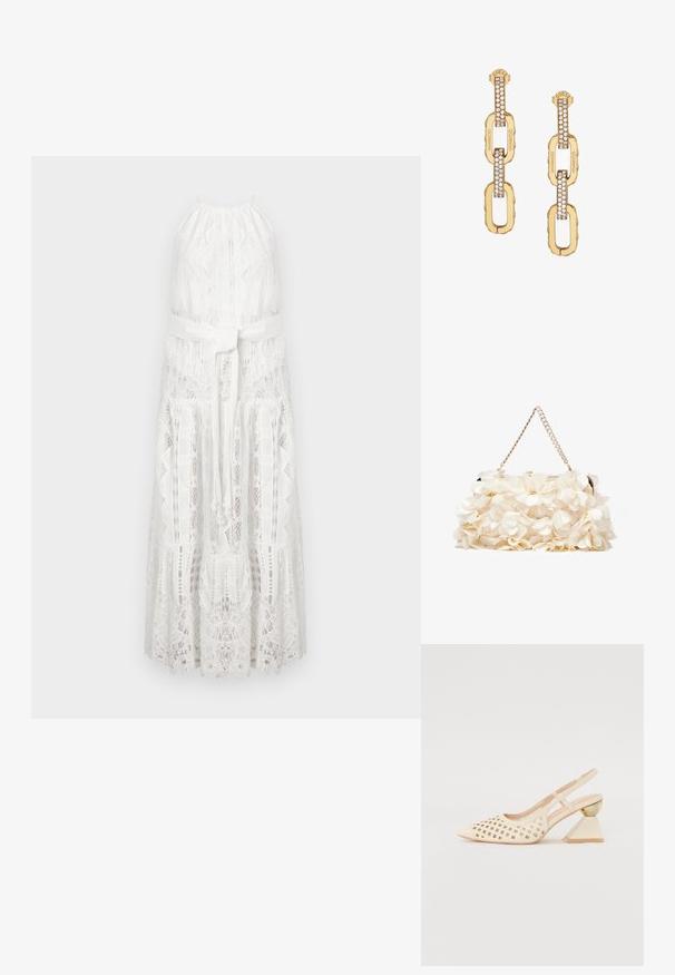 Biała sukienka maxi z koronki, z dekoltem halter, falbanastym dołem i materiałowym paskiem w talii. Szczegółowe wzory z koronki w kwiaty na całej powierzchni.; Beżowe buty typu slingback z perforowaną cholewką, spiczastym noskiem i kontrastowym trójkątnym obcasem z złotym akcentem. Całość ma gładką fakturę.; Biała torebka kwiatowa z marszczoną powierzchnią z tkaniny, złotą łańcuszkową rączką i metalowym zapięciem. Posiada teksturowane płatki jako dodatkowy detal.; Złote kolczyki w kształcie ogniwa łańcucha z przezroczystymi kryształowymi akcentami, z wygrawerowanym logo "GUESS" i gładkim wykończeniem.