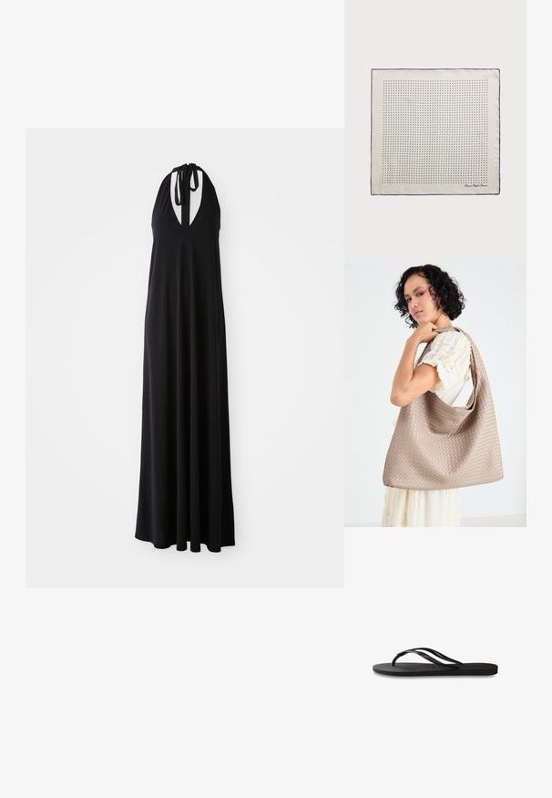 Musta halterneck-mekko syvällä V-aukolla, virtaava siluetti, valmistettu pehmeästä kankaasta, jossa on säädettävät kaula-aukot istuvuuden säätämiseksi.; Mustat flip-flopit, joissa on röpelöinen kumipohja, kaksi hoikkaa remmiä ja hillitty, kohokuvioitu logotyyli remmissä.; Kermansävyinen silkkihuivi, jossa on tummansininen reunus ja tasaisesti sijoitetut tummansiniset pisteet, jotka muodostavat kuvion. Kulmassa nimikirjoitus.; Kankaan vaalea olkalaukku, jossa on rento muotoilu ja yksi olkahihna. Pintarakenteessa on teksturoitu kuvio.