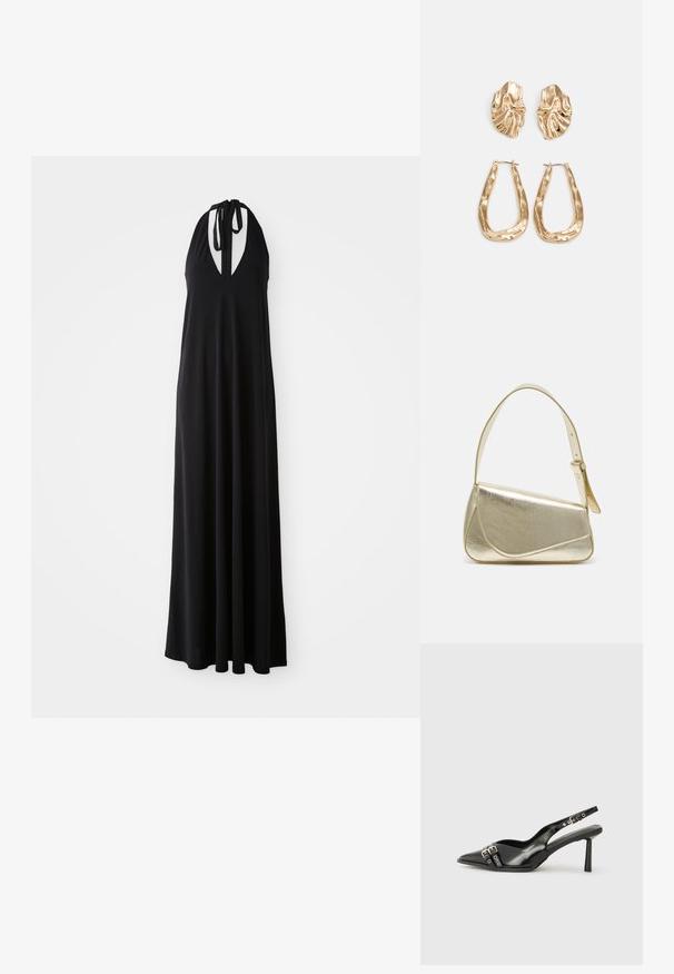 Svart halterklänning med djup V-ringning, flödande silhuett, tillverkad av mjukt tyg, med justerbara nackband för passform.; Svart lackläder slingbacksko med spetsig tå, ankelremmar med silverfärgade spännen och detaljer samt en smal klack.; Guldfärgad metallhandväska med en strukturerad design, slät textur och justerbar rem. Har en unik triangulär form och minimalistisk sömnad.; Örhängen i guldton med texturerade, vågiga former. Inkluderar skulpturala clip-on-stift och öppen hoop-design med hamrad finish.