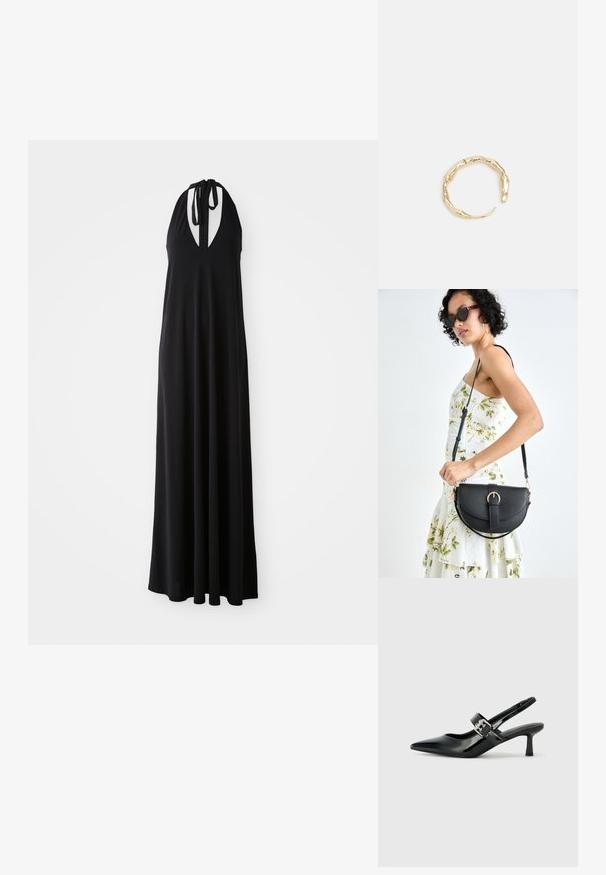 Schwarzes Trägerkleid mit tiefem V-Ausschnitt, fließender Silhouette, aus weichem Stoff, mit verstellbaren Nackenbändern für die Passform.; Schwarze Lackleder Slingback-Absätze mit spitzem Zeh und kleinem Blockabsatz, ausgestattet mit einem silbernen Schnallenakzent am Riemen.; Schwarze Lederhandtasche mit geschwungener Form, abnehmbarem Tragegurt und goldenen Beschlägen. Die Tasche verfügt über einen Deckel mit einer Schnallen-Details.; Goldfarbener Ring mit einem organischen, gedrehten Design, glatter Oberfläche und sich verjüngenden Enden, was ein modernes, skulpturales Erscheinungsbild erzeugt.