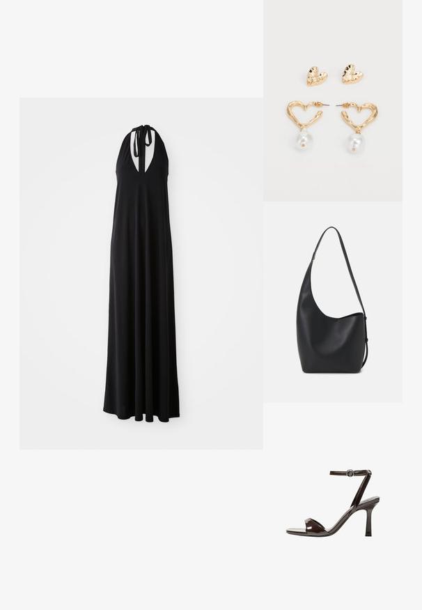 Svart halterklänning med djup V-ringning, flödande silhuett, tillverkad av mjukt tyg, med justerbara nackband för passform.; Bruna lackläder högklackade sandaler med ankelrem, öppen tå och en elegant, minimalistisk design. Har en fyrkantig klack.; Svart läder hobo-väska med en slät textur, kurvig form och en justerbar axelrem; har en bred öppning upptill.; Guldtonade hjärtformade örhängen med texturerad yta, prydda med en hängande pärlaccent. Inkluderar matchande hjärtformade stiftörhängen.