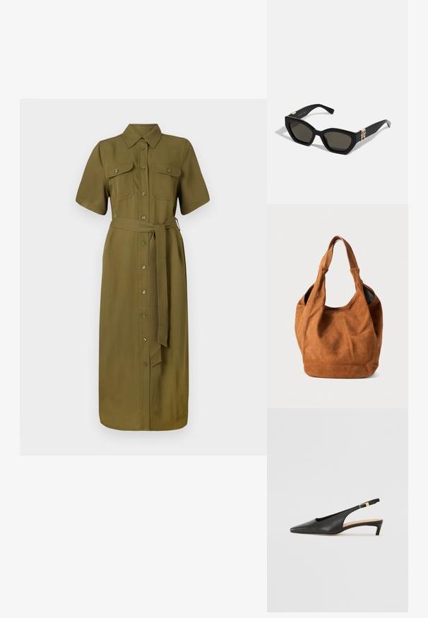 Khaki värvi dressipluus, lühikesed varrukad, nööbiga ees, kaks rinnataskut, vööga talje, keskpaiga pikkus, sile kangastekstuur.; Musta nahast slingback-kontsaga saabas, millel on terav nina, madal konts ja reguleeritav pahkluu rihm, millel on kullatooniline pandla. Sile tekstuur.; Tommy Hilfiger Päikeseprillid - black; Pruun nubukist õlakott pehme tekstuuri, kumeriku kuju ja kahe käepideme ning minimaalsete joontega. Funktsioneerib ilma nähtava riistvara või aksessuaarideta.