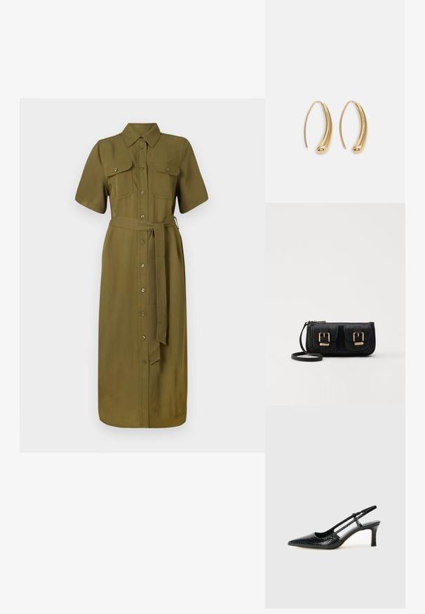 Vestido de camisa em caqui, mangas curtas, fecho à frente com botões, dois bolsos no peito, cintura com cinto, comprimento médio, textura de tecido suave.; Salto slingback em patente preta com bico apontado, apresentando um padrão de pele de cobra texturizado, tira ajustável e um salto bloco curto e texturizado.; Bolsa de ombro em couro preto com dois bolsos frontais, fivelas douradas, fecho de zíper e uma alça fina. Superfície texturizada e forma retangular compacta.; Brincos em metal dourado com forma de arco alongado e curvado. Apresentam uma superfície lisa e brilhante, com uma ponta arredondada para um detalhe adicional.