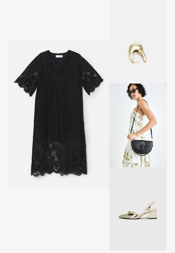 Melna mežģīņu kleita ar V veida kaklu un īsām piedurknēm, ar viļņotām malām un sarežģītām puķu tendencēm visā audumā.; Zeltaini, metāla kurpes ar siksniņām, norakans purngalis un masīla papēdis. Gluda tekstūra, minimālisma dizains un šaura siksna.; Melnas ādas rokassoma ar izliekta formu, noņemamu siksnu un zelta aksesuāriem. Somai ir vāciņš ar sprādzes detaļu.; Zeltīti metāla auskari ar gludu, izliekta dizaina. Ar atšķirīgu smailu formu, pulētu virsmu un eņģu aizdari.