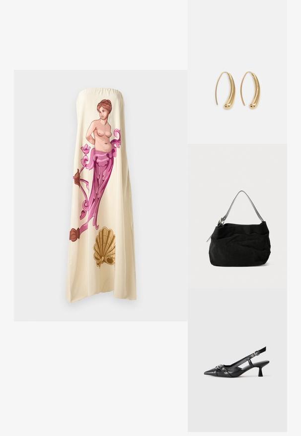 Vestido sem alças em creme, apresentando uma grande ilustração colorida de uma figura clássica com acentos florais em rosa e castanho, exibindo um design fluido.; Sapato slingback em couro preto com biqueira fina, tiras decorativas com ilhós de metal e um pequeno salto quadrado. Superfície texturizada.; Carteira de camurça preta com um design suave e dobrado. Apresenta uma alça de ombro fina e lisa em couro e detalhes de costura subtil.; Brincos em metal dourado com forma de arco alongado e curvado. Apresentam uma superfície lisa e brilhante, com uma ponta arredondada para um detalhe adicional.