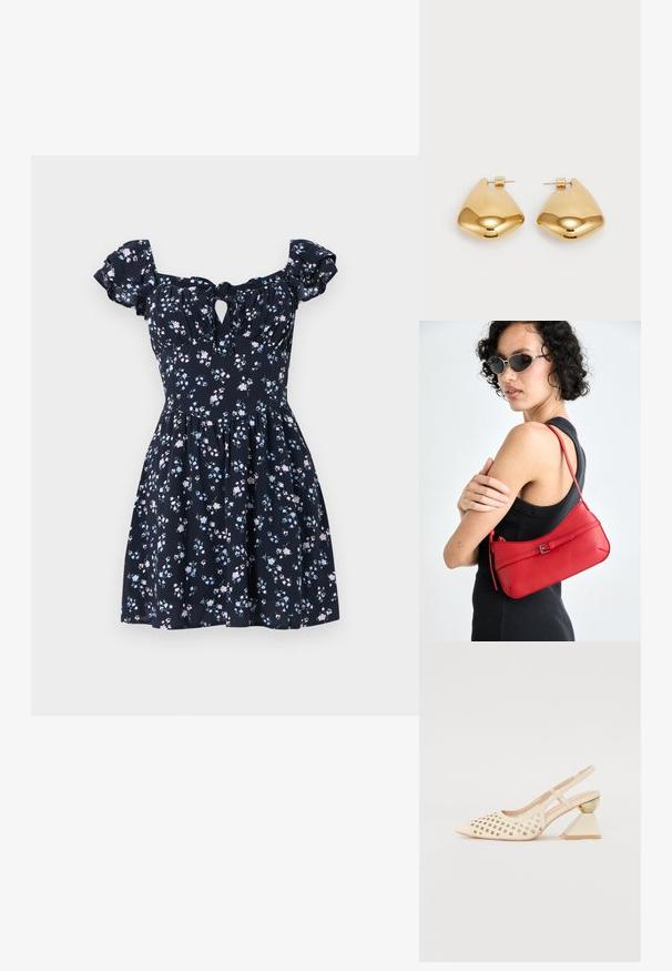 Sötétkék virágos ruha rövid puffos ujjakkal, kulcslyuk részlettel a mellrészen, és bővülő szoknyával, amely rózsaszín és világoskék virágokat mutat.; Beige szandál, perforált felsőrésszel, hegyes orral és kontrasztos háromszögletű sarokkal, amely arany díszítést tartalmaz. Az egész cipő sima anyagú.; Piros bőr válltáska sima felülettel, ívelt dizájnnal és dekoratív csattal. Állítható pánt és cipzáras záródás.; Aranyszínű fém fülbevalók sima, lekerekített háromszög alakúak, tűs hátlappal; tükröződő felület minimális díszítéssel.