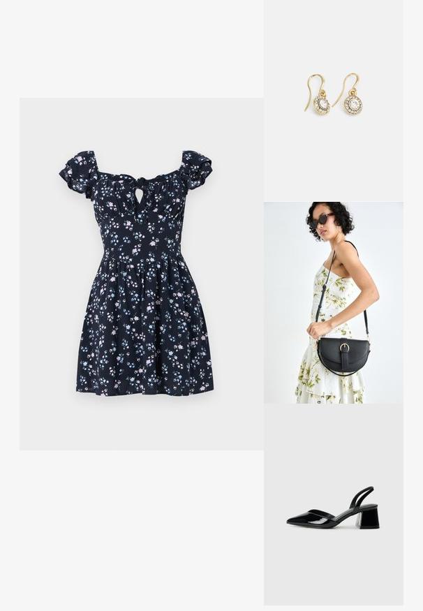 Gėlėta suknelė tamsiai mėlynos spalvos audinio, su trumpomis pūstomis rankovėmis, iškirptės detale krūtinėje ir platėjančia sijonu, puoštu rožinėmis ir šviesiai mėlynomis gėlėmis.; Juodos lakuotos odinės šlepetės su smailiu pirštu ir geometriniu bloko kulnu. Turi elegantišką, minimalistinį dizainą ir lygų paviršių.; Juodas odinis krepšys su išlenkta forma, nuimamu dirželiu ir auksiniais detalėmis. Krepšys turi kilpą su sagtimi.; Aukso spalvos auskarai su ovalo formos skaidriais kristalais, apjuostais mažesniais skaidriais akmenukais, su kabliuko dizainu, užtikrinančiu saugų dėvėjimą.