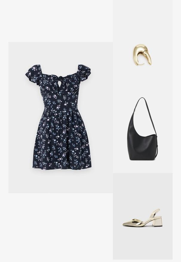 Květinové šaty z námořnického modrého materiálu s krátkými nafouknutými rukávy, detaily ve tvaru klíčové díry na hrudi a rozšířenou sukní s růžovými a světle modrými květy.; Kovové zlaté pantofle na podpatku s špičatou špičkou a masivním podpatkem. Hladký povrch, minimalisticý design a úzký pásek.; Černá kožená hobo taška s hladkým povrchem, zakřiveným tvarem a jedním nastavitelným popruhem; má široké otevírání nahoře.; Náušnice ve zlatém tónu z kovu s elegantním zakřiveným designem. Vyznačují se jedinečným špičatým tvarem, lesklým povrchem a závěsem na kloub.