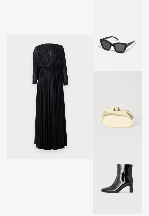 Černé maxi šaty vyrobené z hladkého materiálu, s hlubokým véčkovým výstřihem, elastickým pasem a dlouhými rukávy se staženými detaily. Všude vertikální plisování.; Černé lakované kotníkové boty s špičatou špičkou a středně vysokým blokovým podpatkem. Hladká textura a minimalistický design.; Černé sluneční brýle ve stylu kočičích očí s matným povrchem, vybavené šedými zabarvenými skly, ostrými liniemi a elegantními bočními rameny. Název značky viditelný na vnitřní straně ramene.; Metalická zlatá kabelka s hladkým, zaobleným tvarem, opatřená horním zapínáním na knoflík a malým řetízkovým popruhem pro nošení.