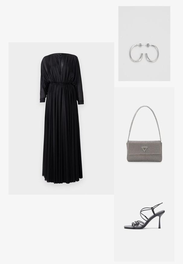 Fekete maxi ruha sima anyagból, mély V-kivágással, gumis derékkal és hosszú ujjakon gyűrődés részletekkel. Függőleges pliszék az egész ruhán.; Fekete magas sarkú szandálok vékony pántokkal, csomózott mintával, sima négyzetes orral és karcsú stiletto sarkal rendelkeznek.; Világosszürke fémes kézitáska lánc pánttal, kis kör alakú fém kifinomult díszítéssel és háromszög alakú márkagéppel.; Ezüst karika fülbevalók sima, fényes felülettel. Lekerekített forma, könnyű kialakítással, tűs zárómechanizmussal.